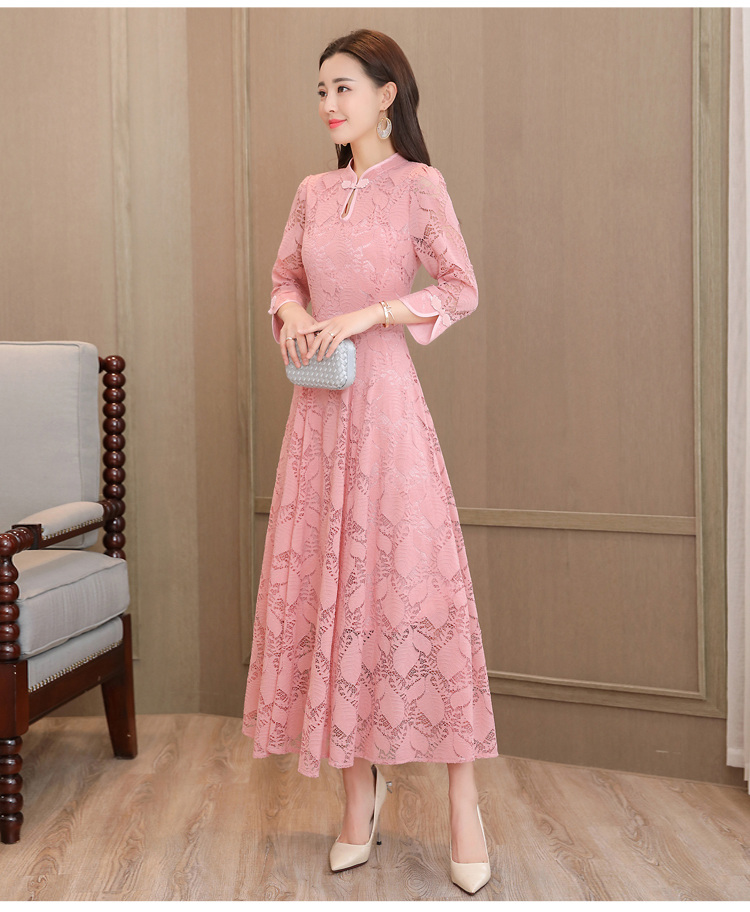Mùa thu 2018 mới của phụ nữ retro thanh lịch chỉnh sửa váy sườn xám khí chất dài phần eo thon váy nhung đẹp