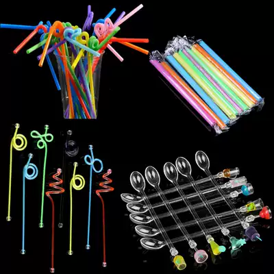 Beverage straw pearl milk tea juice straw stirring rod acrylic stirring spoon black straw fruit fork fruit powder spoon