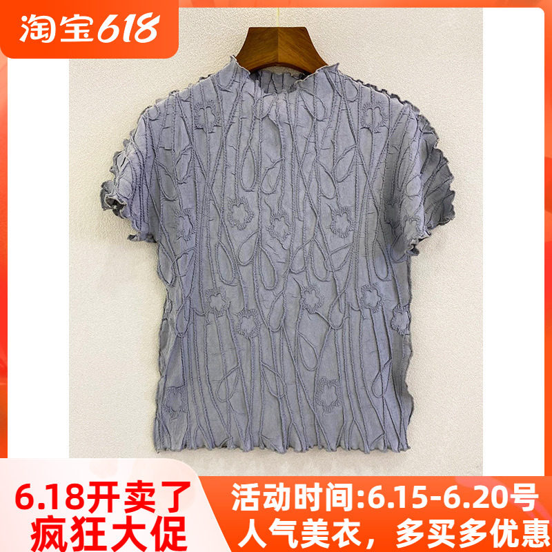 Triple Residence Folds Blouse Women 100 hitch 2022 Summer new temperament large size Size Slim T-shirt T-shirt Short Sleeve