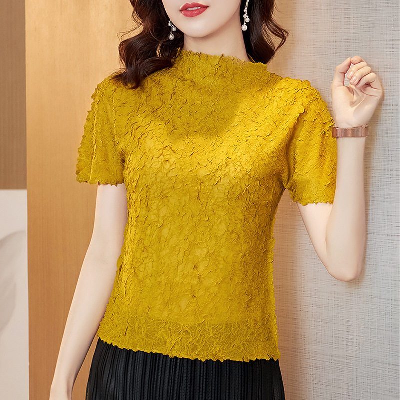 Temperament Triple Homestein Pleated Foreign Pie 2022 Summer New Short Sleeves Light Lavish Crowdfried Street T-Shirt Fashion slim