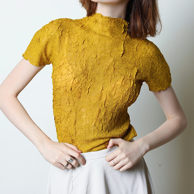 Miyake clothes women's pleated top temperament summer high-neck elastic large size slim fit T-shirt bottoming shirt