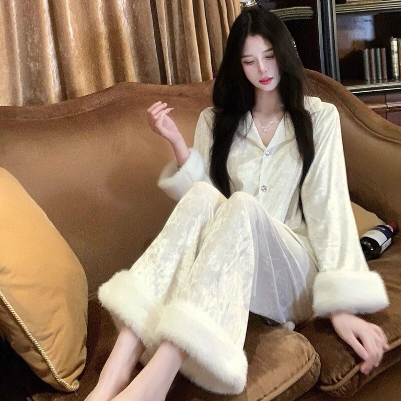 Spring and Autumn Thin Velvet Pajamas for Women, French Princess Style, Long Sleeves and Long Pants, High Aesthetic Value, Elegant and Luxurious Loungewear