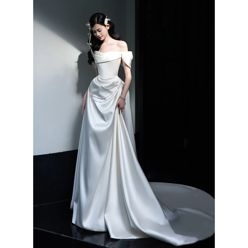 White Satin Light Wedding Dress, French Simple and Elegant Style, Bridal Wedding Dress, Off-Shoulder Plus Size Reception Dress