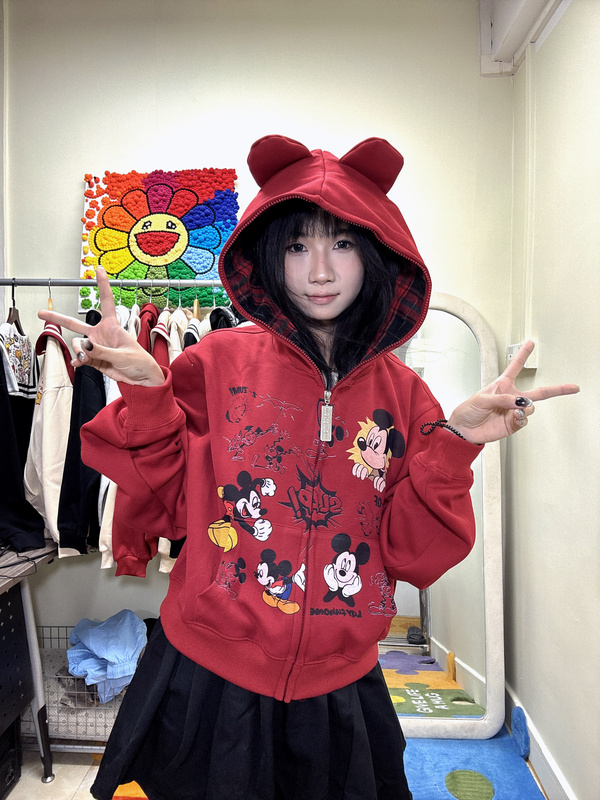 Haloisme Mickey Mouse Short Hooded Jacket for Women, Autumn and Winter 2024 Popular Style, Loose Fit Top for Petite Figures