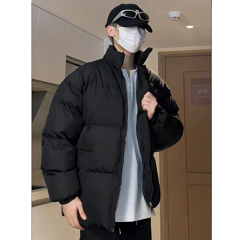 Pure Black Lightweight down Jacket for Men, Winter Youth Warm Coat, Cotton Jacket, American High Street Stand Collar Puffer Jacket