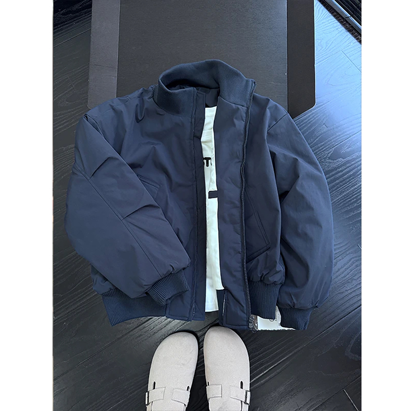 Navy Blue down Cotton Jacket for Men, Winter Cleanfit Short Stand-Up Collar Coat, Trendy Brand Scimitar Sleeve Baseball Jacket Cotton Coat