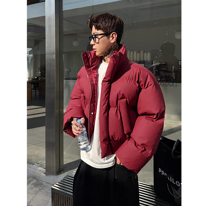 Burgundy Short down Jacket for Men, Winter American Style Pu Leather Stand Collar Cotton Coat, Cleanfit Warm Puffer Jacket