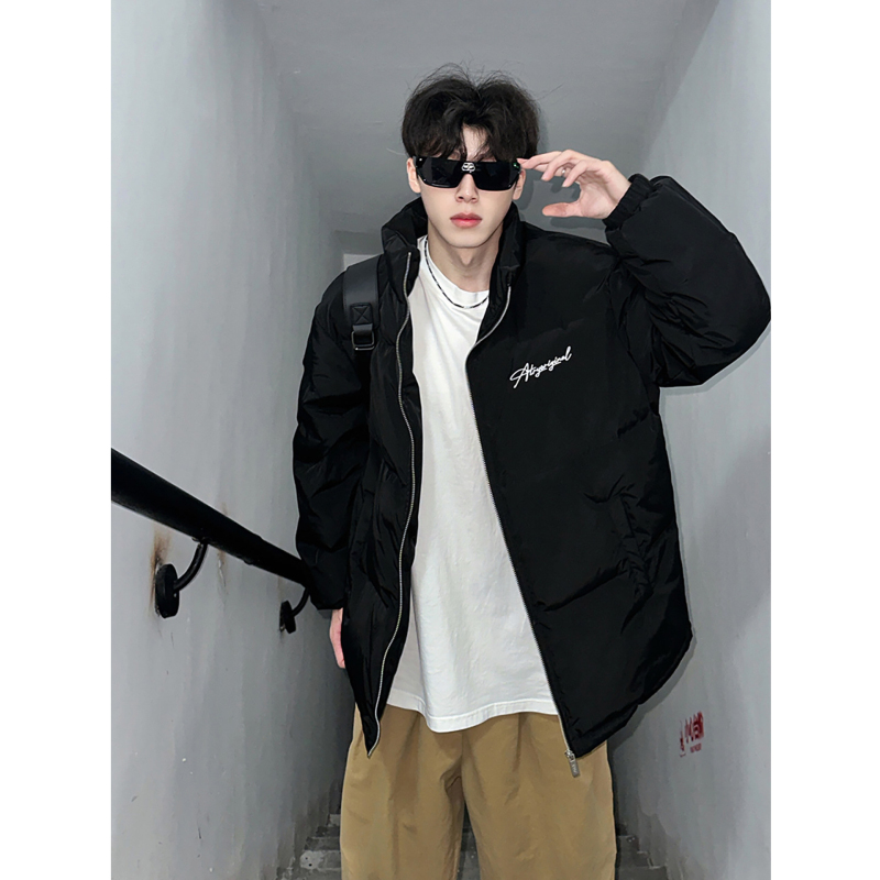 Letter Print American Retro down Cotton Jacket for Men, Winter High Street Stand Collar Puffer Jacket, Cold-Proof and Warm Cotton Coat for Men