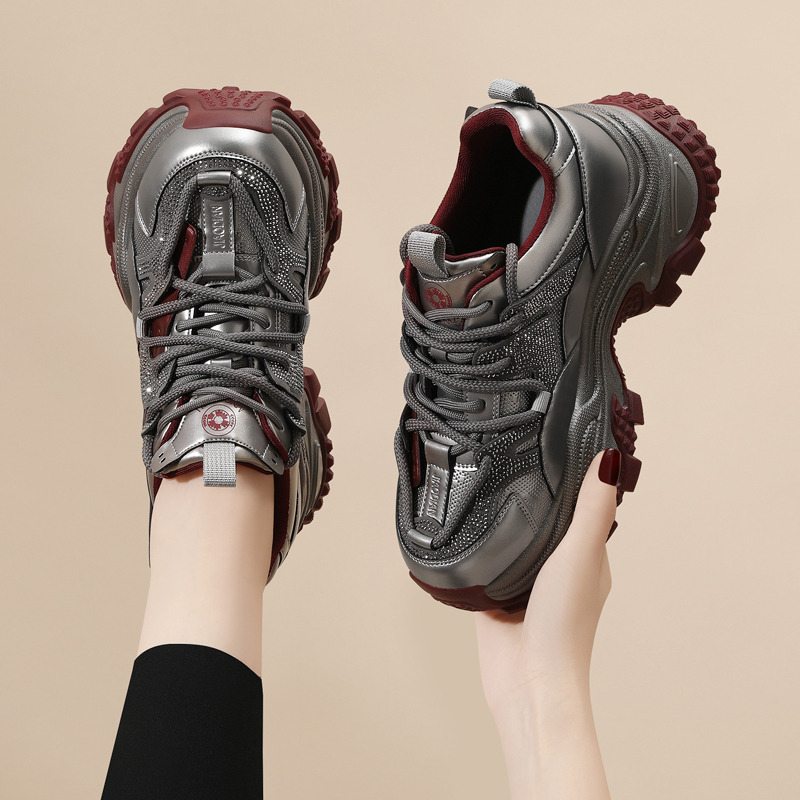 Genuine Leather Popular Rhinestone Dad Shoes, Ancora Red Thick-Soled Height-Increasing Women's Sneakers, 2026 Spring New Casual Shoes