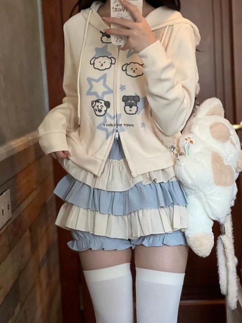 Soft girl cute color-blocked pumpkin pants ruffled skirt Japanese girl versatile slimming cake fluffy skirt for women