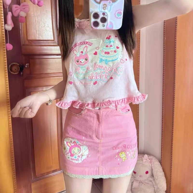 Richgirl Girl【Cake Bunny】Cute and Sweet Bunny Cake Print Sleeveless Short Camisole