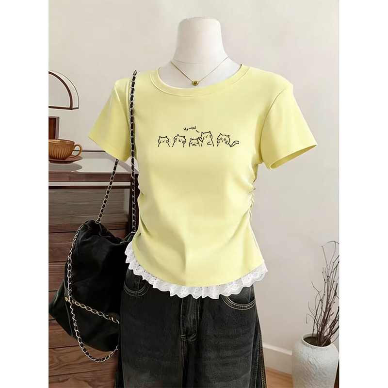 Unique and Beautiful Waist-Cinching Top for Women, 2026 Summer New Popular Style, Chic Lace Trim, Slimming Short-Sleeve T-Shirt