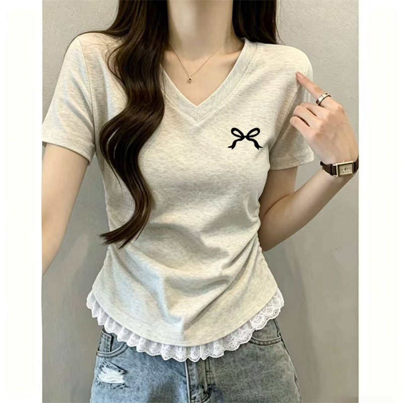 Especially Beautiful Lace Waist-Cinching Top, 2026 Summer New Popular Style, Sweet V-Neck Blouse, Regular Shoulder Short-Sleeve T-Shirt for Women
