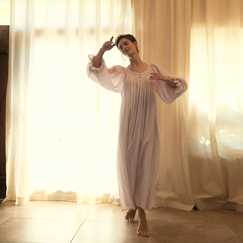 CA BRIDA Gardegli neoface-style classic jacquard creamy cotton pleated vintage round collar large size sleeping dress N701 -Taobao