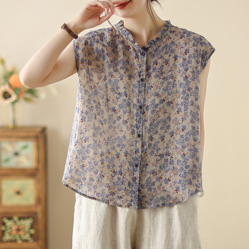Middle-Aged and Elderly Women's Clothing, Plus-Size Mom's Clothing, Stylish Grandma Vest Tops, Summer Floral Print Sleeveless Shirts, Trendy