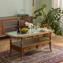 North American town American solid wood tea table retro home tempered glass containing small family type tea table living room table