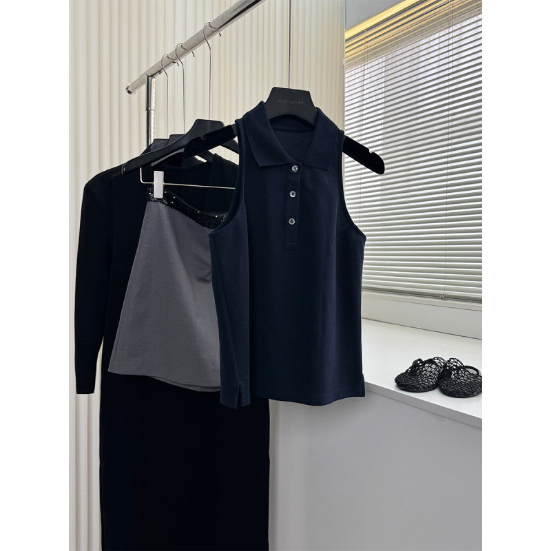 Youthful and Age-Reducing Tennis Style, High-Sense Youthful Blue Off-Shoulder Polo Collar Casual Sports Vest Top for Women