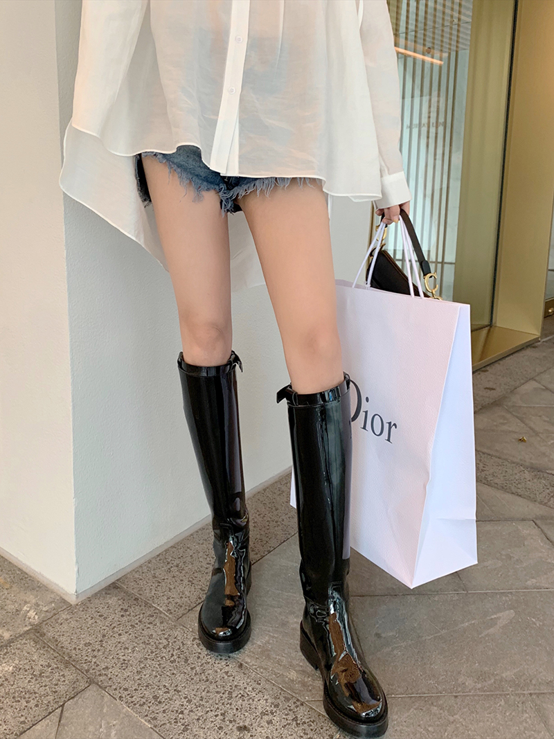 Black knee patent leather boots women 2019 new leather boots flat boots high boots