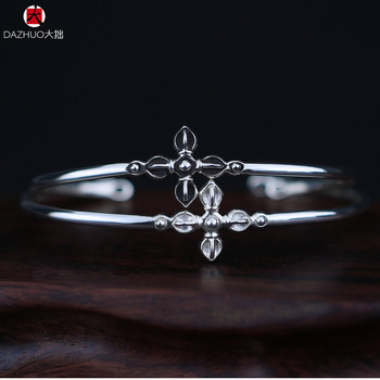 Handcrafted S925 Sterling Silver Cross Vajra Vintage Bracelet for Men and Women, Trendy Unique Thin Open Bracelet with an Aged Finish