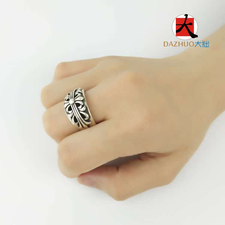 Big hand-made engraved CH classic cross flower ring 925 sterling silver cross men and women ring American retro punk