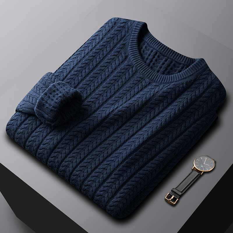 Sweater with a Lazy and Sophisticated Feel for Men, Thick Cotton Solid Color with Fleece, Knitted Sweater with Cable Pattern, Trendy Crew Neck for Autumn and Winter