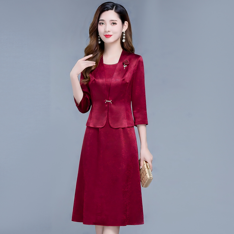 Festive Red Suit for Women 2026 Spring and Autumn New Slim-Fit Waist-Cinching Slimming Two-Piece Dress Set for Mom Trendy