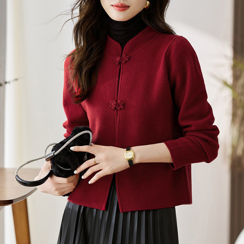 SHANGHAI TANG サマーニット L 赤 チャイナデザイン 4740 Chinese tang suit inspired top with modern chinese knot buttons