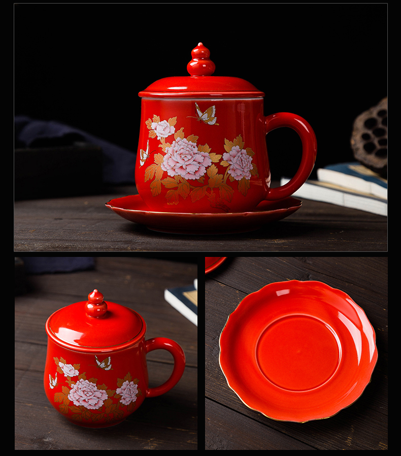 Creative Chinese wind ceramic cups with cover with dish make tea cup office tea mugs can be customized