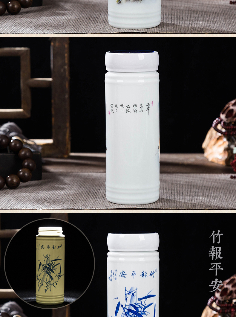 Jingdezhen blue and white porcelain cup double ceramic vacuum tank portable office cup with cover gift custom mugs