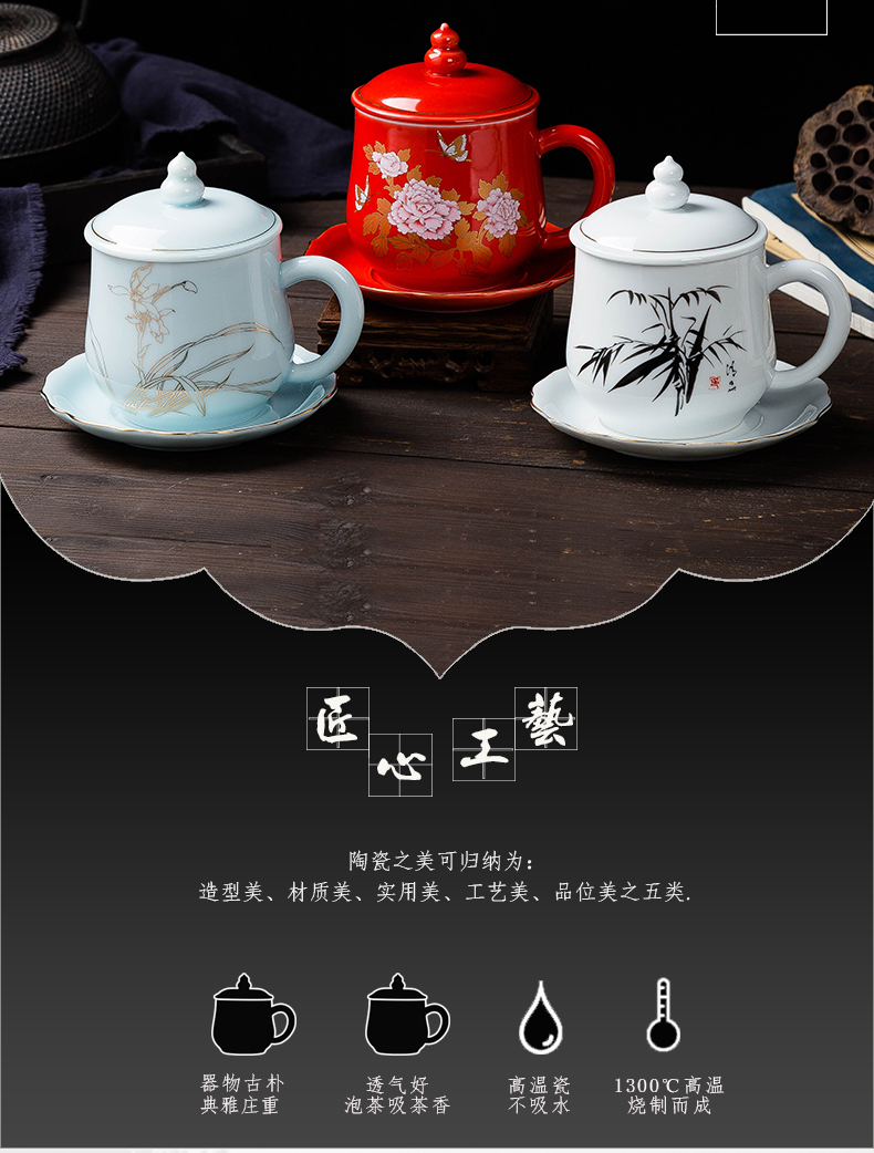 Creative Chinese wind ceramic cups with cover with dish make tea cup office tea mugs can be customized