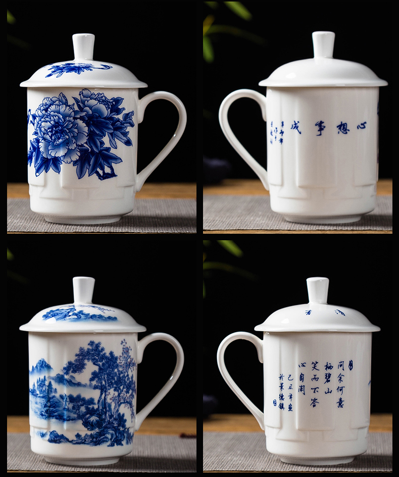 Jingdezhen ceramic cups with cover water blue and white porcelain cup home office gift cup tea office meeting