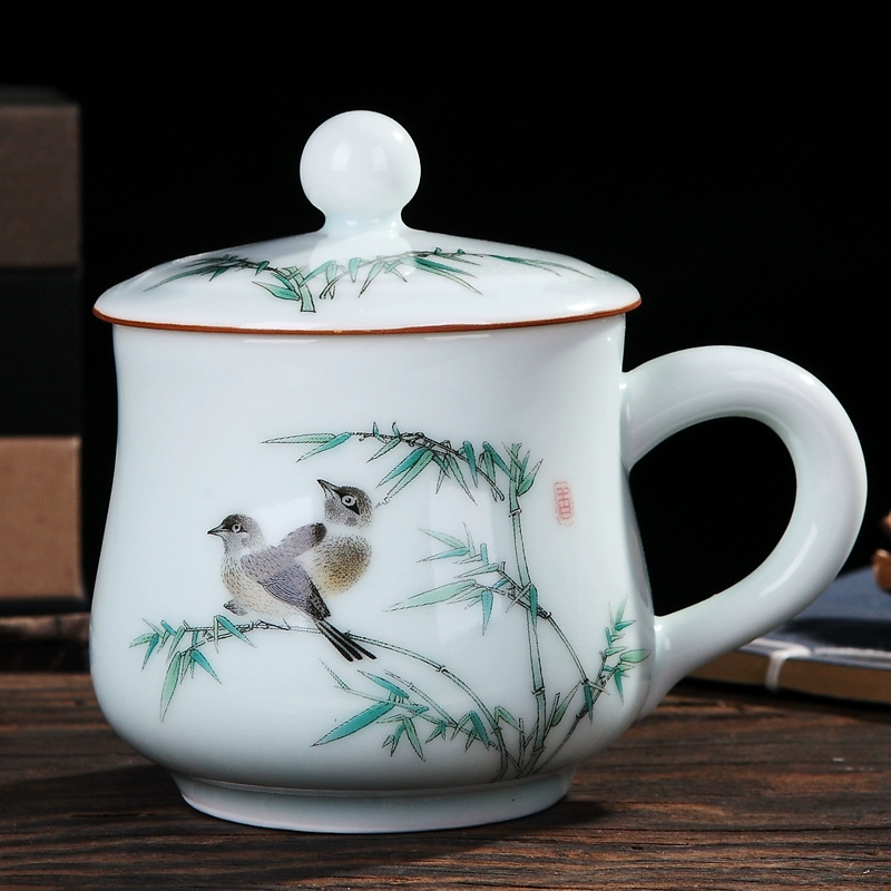 Jingdezhen teacup gốm có nắp sứ men celadon nhỏ cốc nước văn phòng cốc đơn tách cá nhân bộ trà - Tách