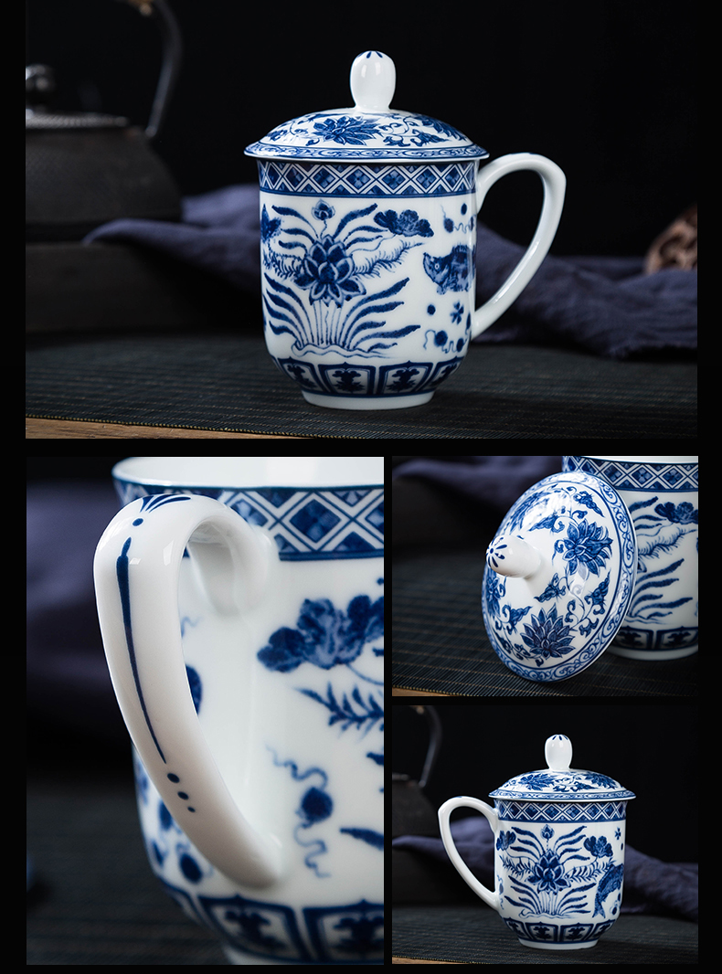 Jingdezhen blue and white porcelain retro household ceramic keller cups with cover glass office personal tea cups