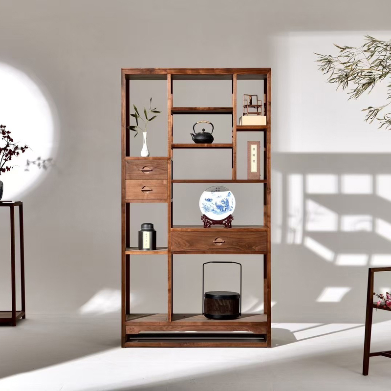 New Chinoiserie North American Black Walnut Bogu Rack Song's Aesthetic Zen Solid Wood Duobaoge Storage Rack Display Bookshelf