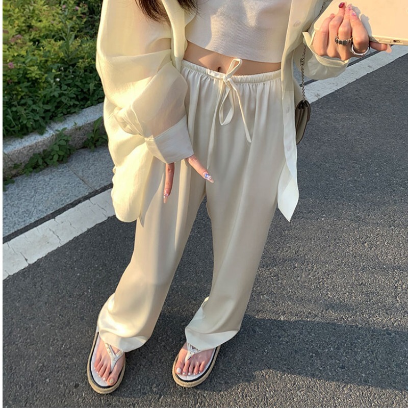 Summer New Style Silk Satin Wide-Leg Pants for Women, High-Waisted, Drapey, Straight, Loose, Acetate, Casual, Slimming, Floor-Length Trousers Summer New Style Silk Satin Wide-Leg Pants for Women, High-Waisted, Drapey, Straight, Loose, Acetate, Casual, Slimming, Floor-Length Trousers