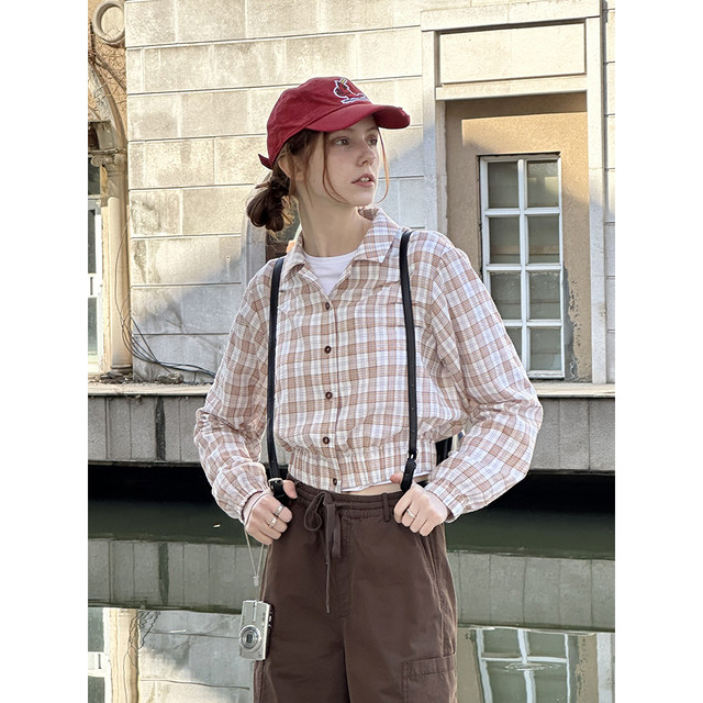 UNRETRO Retro Dopamine Wear Cuban Collar Plaid Shirt ຂອງແມ່ຍິງວິທະຍາໄລແບບເສື້ອສັ້ນສັ້ນ