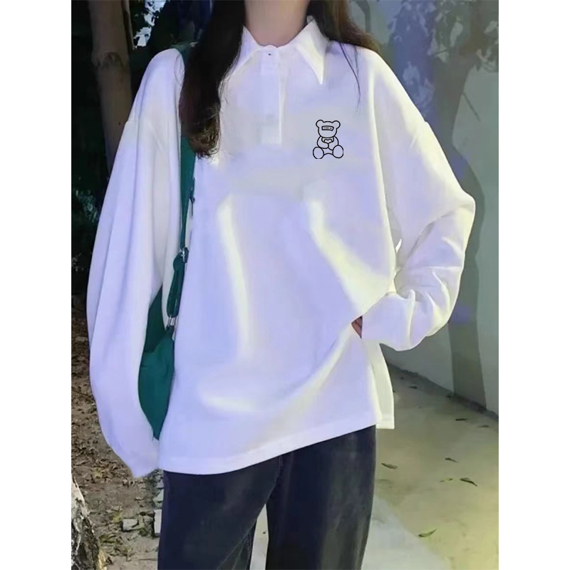 Student Polo Shirt Long-Sleeved T-Shirt for Women, New Popular Style for Spring and Autumn ins American Retro College Style Loose Casual Top