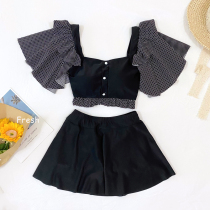 Small fragrant wind swimsuit female lotus leaf Lotus Leaf Shoulder split Slim Shade Skirt Style Conservative Student Beach Sexy to gather for swimming