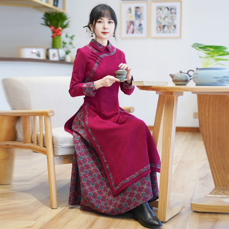 如意風冬新作復古アオザイチャイナドレス中国風ドレススリム気質日常スカート23J284