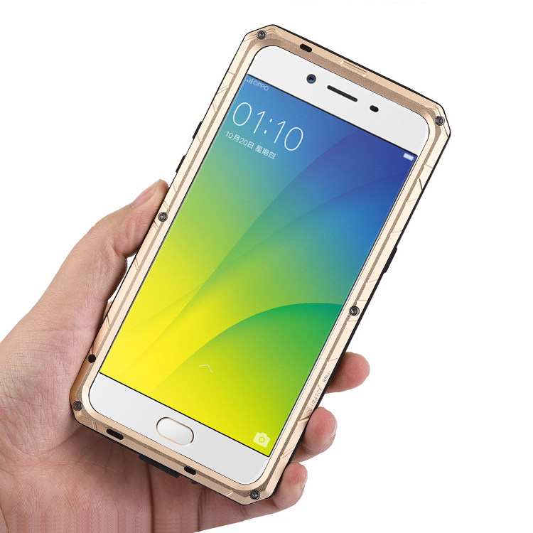 iMatch Water Resistant Shockproof Dust/Dirt/Snow-Proof Aluminum Glass Metal Military Heavy Duty Case Cover for OPPO R9s