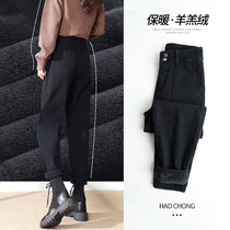 Black plus velvet Harlan jeans womens straight loose autumn and winter 2021 New High waist nine-point radish daddy pants