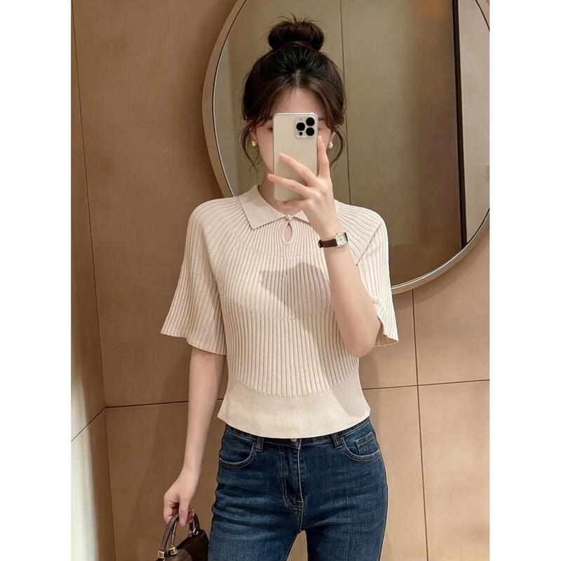 Pink Polo Collar Ribbed Knit Short-Sleeve Women's Top, 2026 New Summer Commuter Style with a Unique Design