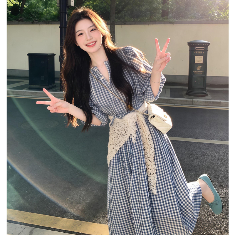 Pure White Moonlight Sweet Style Blue Plaid Dress for Women, Summer Simple College Style Petite Fairy Dress