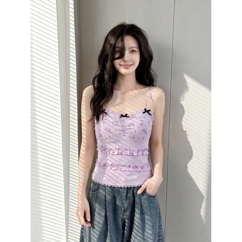 Sweet and Cool Spicy Girl Style Lace Camisole with Chest Pads and Print, Summer Design, Niche Bowknot Outerwear Top for Women