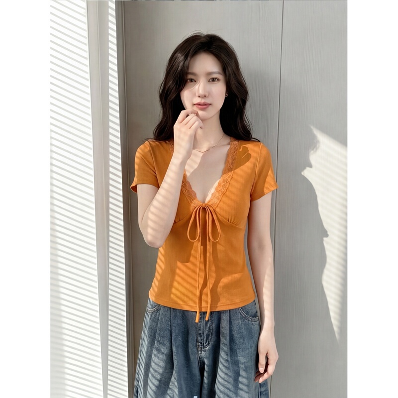 Orange Lace Trim V-Neck Tie Shoulder Short-Sleeve T-Shirt for Women, Summer Slim-Fit Petite Short Style Sweet and Spicy Top