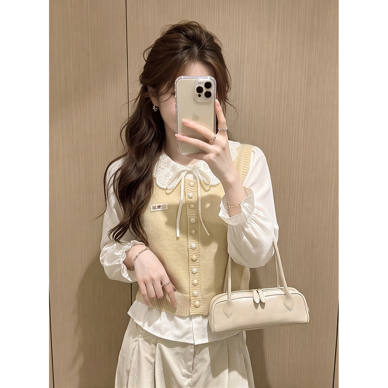 Lace Lapel Sleeveless Knit Top for Women, Autumn Korean Style Loose Two-Piece Set, Sweet Layered Look, Student Shirt Top Lace Lapel Sleeveless Knit Top for Women, Autumn Korean Style Loose Two-Piece Set, Sweet Layered Look, Student Shirt Top