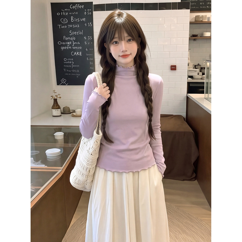 Light Purple Ruffled Half-High Collar Long-Sleeve T-Shirt for Women, Autumn Korean Style Versatile Gentle Style, Suitable for Layering or Wearing Alone, Casual Top Light Purple Ruffled Half-High Collar Long-Sleeve T-Shirt for Women, Autumn Korean Style Versatile Gentle Style, Suitable for Layering or Wearing Alone, Casual Top