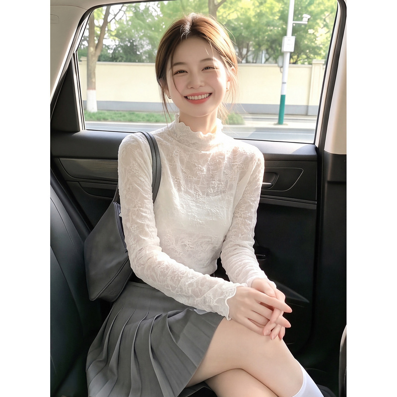 Off-White Lace Jacquard Half-High Collar Long-Sleeve T-Shirt for Women, Autumn Korean Style, Vintage Feel, Slim Fit, Versatile Base Layer Top Off-White Lace Jacquard Half-High Collar Long-Sleeve T-Shirt for Women, Autumn Korean Style, Vintage Feel, Slim Fit, Versatile Base Layer Top