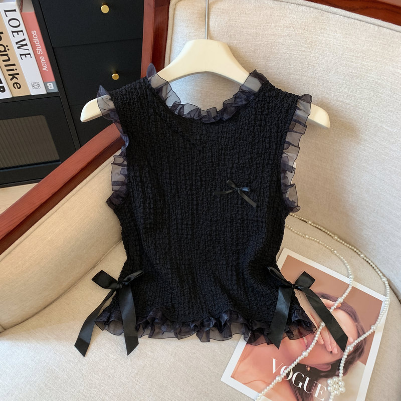 Black Lace Ruffle Tank Top for Women 2026 New Summer Dopamine Bow Strap Sleeveless Skirt Top Black Lace Ruffle Tank Top for Women 2026 New Summer Dopamine Bow Strap Sleeveless Skirt Top