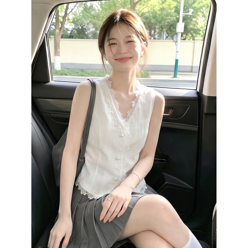 White V-Neck Lace Trim Patchwork Vest Shirt for Women 2026, Very Stylish, Waist-Cinching, Sleeveless, High-Class Intellectual Chic Top